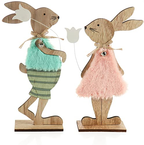 com-four® 2x espositori decorativi per Pasqua - coppia di coniglietti pasquali con fiore - coniglietti pasquali da posare in legno - rosa/blu (2 pezzi - rosa/marrone chiaro)