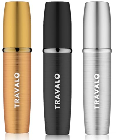 Travalo LUX - Paquete de atomizador de perfume, a prueba de fugas y aprobado por la TSA para viajes en avión, reutilizable, fácil de llenar, ligero, metal pulido cepillado, dorado, negro, plateado