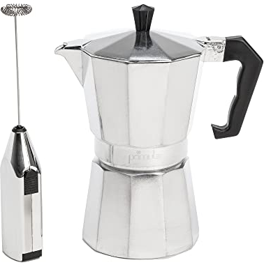 Primula Stovetop Espresso Maker and Handheld Electric Milk Frother Gift Set, Moka Pot for Classic Italian and Cuban Coffee, Cafetera, 6 Espresso Cups, Silver