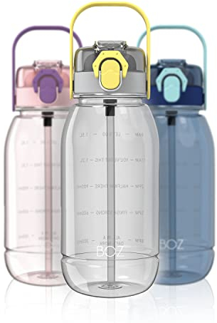 BOZ Bouteille D'eau Avec Paille - Bouteilles D'eau en Plastique Gratuites Bpa Avec Double Couvercle, 1,8 L / 60 Oz, Bouteille D'eau De Sport À L'épreuve Des Fuites, Bouteille D'eau Extra Grande (Noir)