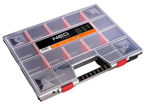 NEO TOOLS Werkzeugtafel, Maßen (LxWxH) 390 x 290 x 65 mm, mit regulierbaren Fächern zur individuellen Gestaltung, transparenten Deckel, Kunststoffverschlüsse, Polypropylen
