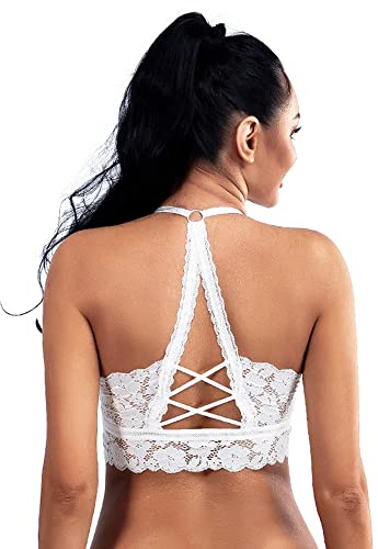 KOEMCY Spitze BH für Damen Push-Up Ohne Bügel Sexy Lifting Nahtlose Bralette Bandeau Bustier Crop Top Unterwäsche (Weiß, M)