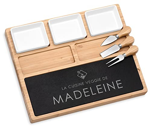 Maverton Plateau à fromage avec Planche ardoise personnalisée - Planche à fromage avec ustensiles pour elle - Plateau apéritif avec 3 bols pour femme - pour anniversaire - Vegan