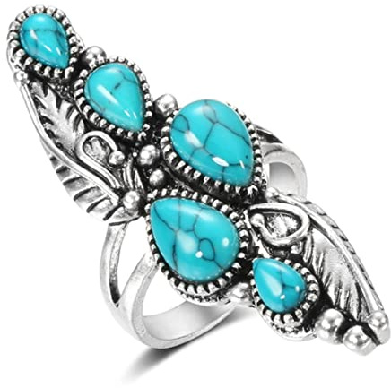 YAHOYA Boho Naturstein Großer Ring für Frauen Vintage Schmuck Ethnischer Stil Tibetisches Silber geschnitztes Muster Hochzeitsfeier Große Ringe