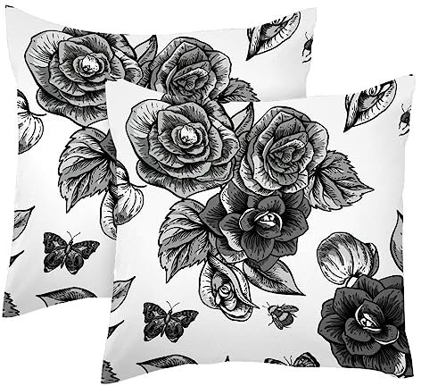VAPOKF Blooming Begonie, Blumen-Schmetterling und Bienen, 2 Stück, 45 x 45 cm, Bauernhaus-Kissenbezüge, quadratisch, für Frühling, Zuhause, Sofa, Couch, Dekoration