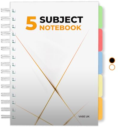 VABE UK A5 Durchscheinendes Notizbuch mit 5 Trennblättern, 300 Seiten (150 Blatt), liniertes Notizbuch, 100 g/m², dicker, matter laminierter Einband, A5-Notizblock, A5-Themenbuch (1, weiß)