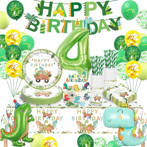 Dino Geburtstag Deko 4 Jahre, Dinosaurier Partygeschirr Set, Geburtstagsdeko 4 Jahre Junge, Dinosaurier Luftballons Pappteller Tassen Servietten Tischdecke für Party Kindergeburtstag Deko 16 Gäste