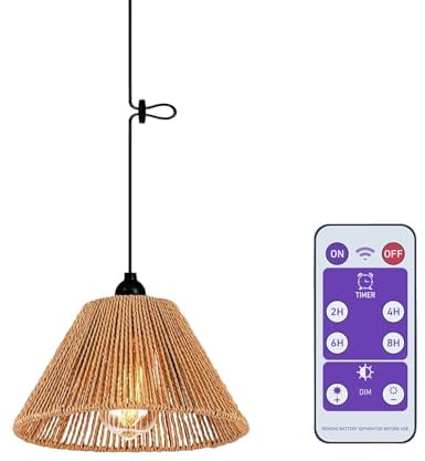 Boho Hängelampe mit Batterie Fernbedienung Deckenlampe ohne Stromanschluss Pendelleuchte Batteriebetrieben Rattan Regenschirm Lampenschirm für Schlafzimmer Party Pavillon Weihnachten Geschenk