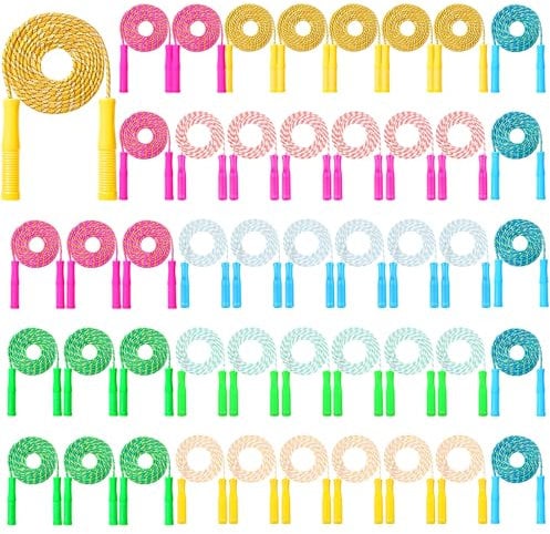 Aoriher 48 Pcs 7.87 ft Jump Rope Adjustable Stripe Ropes with Plastic Handles Skipping Rope for Kids Outdoor Exercise Fitness Equipment for Boys Girls Toddler Back to School Gifts, Assorted Colors
