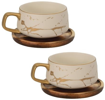 Intirilife Set de 2 tasses - Tasses en céramique au design marbré blanc et or - 200 ml à 300 ml - Tasses à café avec soucoupe en bois -Tasses à thé idée cadeau pour café thé cacao lait