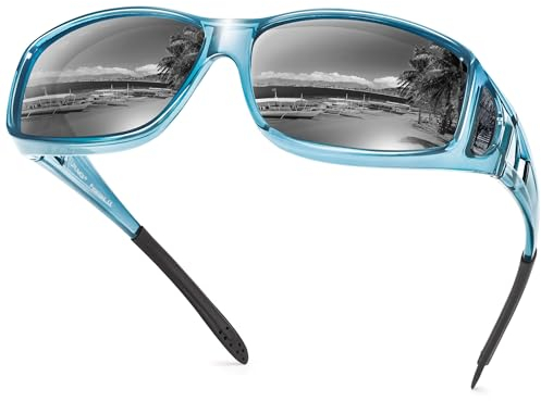 URUMQI Polarisierte Sonnenbrille Herren Damen UV400 Schutz Wrap Around Blendschutz Sonnenbrille für Brillenträger Fit over Brille Fahren Angeln Blau Rahmen