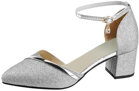 IQYU Sandali da Donna con Tacco Basso, Altezza Media, Quadrato, Cinturino alla Caviglia, Scarpe a Punta Larga per Ufficio, Argento, 34 EU