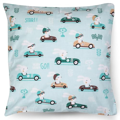 PinkZebra Kissenbezug 80 x 80 cm, Kopfkissenbezug aus 100% Baumwolle, Kissenhülle Jungen, Öko-tex Standard 100 mit Reißverschluss, Sportwagen