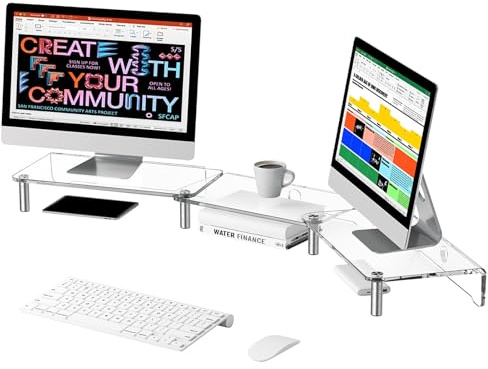 TREGOO Support Moniteur Grand Support de Moniteur Portable pour 2 à 3 Ordinateurs, Support de Bureau de Levage pour Deux Moniteurs, Support D'écran avec Longueur et Angle Réglables (Color : Clear)