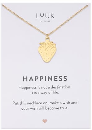 LUUK LIFESTYLE Halskette mit Plättchen Anhänger und Erdbeere Motiv, kleines Statement für den Alltag, hochwertiger Edelstahl, Gold