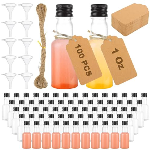 WOPPLXY 100 Pcs Mini Liquor Bottles Set, 1Oz Mini Empty Plastic Alcohol Shot Bottles with Caps, Small Alcohol Bottle with 10 Funnels, 100 Pcs Kraft Tags and Rope, Perfect for Halloween Party Wedding