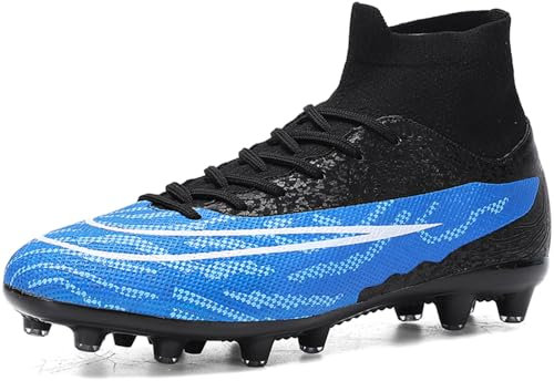 LECYGNB Boys Football Boots Astro Turf Trainers Kids Soccer Shoes Athletics Sport Shoes Professional Spikes Football Competition Shoes Teenager Indoor Outdoor Sneakers Unisex Black Blue UK 3