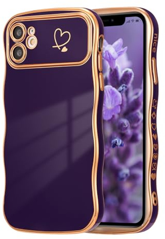 ZTOFERA Compatible with iPhone 12 Case for Girls Women, Cute Curly Wave Frame Shape Soft Silicone Case with Love Heart Pattern Plating Trim Shockproof Cover, Dark Violet