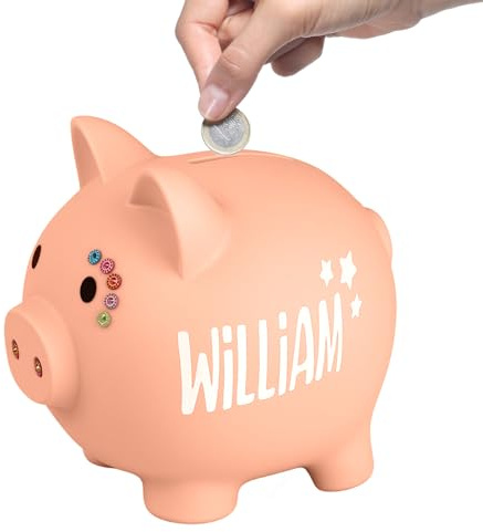 Sparschwein für Mädchen & Jungen, Sparschwein für Kinder,Unzerbrechliche Spardose, Spardose Personalisiert mit Namen Taufe, Kommunion, Konfirmation,Geburt(Aprikose)