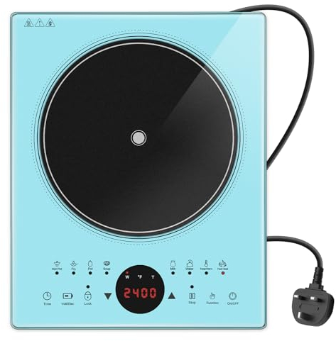 SizzleCook Single Induction Hob 2400W, Induction Hob Portable with Slim Gloden Crystal Panel, Electric Hob with Auto-shutoff,Timer,18cm Heating Coil