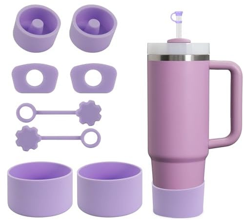 SALUOKE Cup Accessories 8 Pcs, Including 2 Straw Cover Cap, 2 Square Spill Stopper, 2 Round Leak Stopper, 2 Pcs Silicone Boot for Stanley Cup 2.0 40/30oz Tumbler, Cup Not Included(Purple)