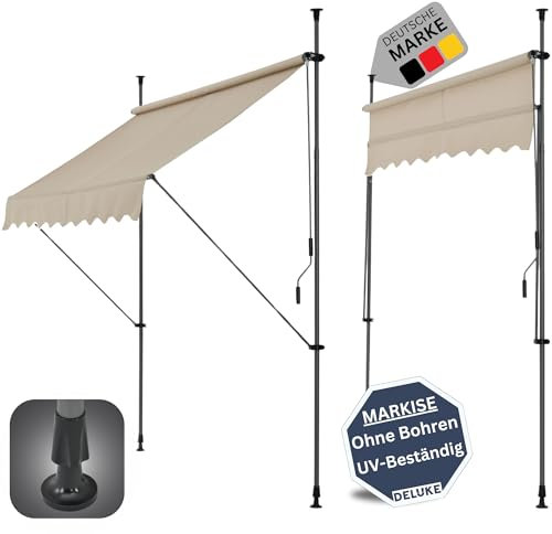 DELUKE® Klemmmarkise 150cm breit - mit Handkurbel | Balkonmarkise ohne Bohren, Sonnenschutz UV-beständig, Sonnenmarkise höhenverstellbar, Markise mit Gestell | 150x120x200-300cm Beige