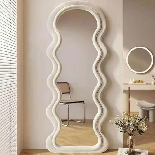 Specchio da Terra ad Arco ad Onda, Specchio da Parete Appeso Appoggiato al Muro, Cornice in Legno di Flanella, per Soggiorno Camere da Letto Spogliatoi,Rosa,160 * 60cm