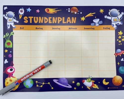 Friendly Fox Weltraum Stundenplan abwischbar, DIN A4 magnetischer Stundenplan abwischbar zum Aufhängen an Kühlschrank Whiteboard mit Stift