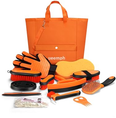 Ueemph Kit de toilettage pour cheval (13 pièces), brosses pour cheval orange, sac de rangement, grattoir à sueur, peigne crinière, gants de toilettage pour cheval, cadeaux pour filles (orange)
