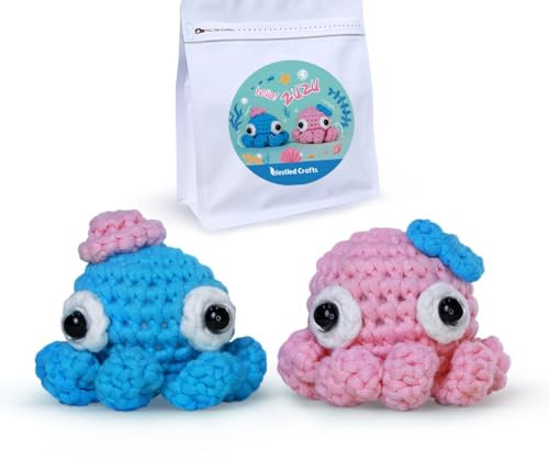 NestledCrafts Häkelset, komplettes Häkelset für Anfänger, 2pcs Niedlicher Oktopus Strickset, weiches Garn, Geschenk zum Geburtstag, inklusive Schritt fü Schritt Video Tutorial, Anleitung(ZUZU)