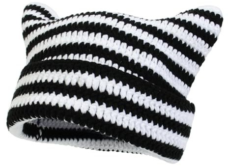 Damen Cat Beanie Strickmütze mit Katzenohren Gestreift Häkelmütze Warme Wintermütze Slouch Beanie Mütze Knitted Ohren Hat für Damen, Mädchen (DE/NL/SE/PL, Alphanumerisch, Einheitsgröße, Weiß)