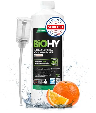 BiOHY Reiniger Saugwischer mit Orangenduft (1l Flasche) mit Dosierer | Kompatibel mit Roborock, Dreame, Ecovacs, Tineco, Mova und Bissell Wisch- und Saugrobotern sowie Saugwischern