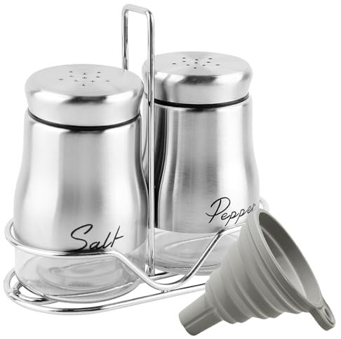 Fyfjur Salz und Pfefferstreuer Set, 2 Stück Salzstreuer mit Halter und Silikontrichter, Edelstahl und Glas Salz Pfefferstreuer für Gewürze (Silber)