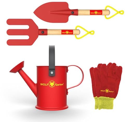 Red Tool Box Spielzeug 4-teiliges Gartenset mit Gießkanne, Schaufel, Harke und Handschuhen für Kinder, im Wolf-Garten-Design