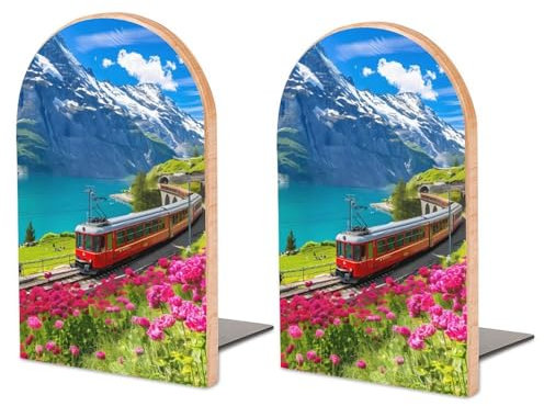Zugreise in die Schweizer Alpen, robuste Buchstützen aus Holz für Regale, Rutschfester dekorativer Buchstützenhalter für das Home-Office, 1 Paar