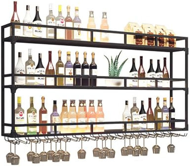 Scaffale industriale galleggiante da parete con luce LED e supporto per bicchieri, in metallo, moderno, per bottiglie di liquori, nero (piccolo)