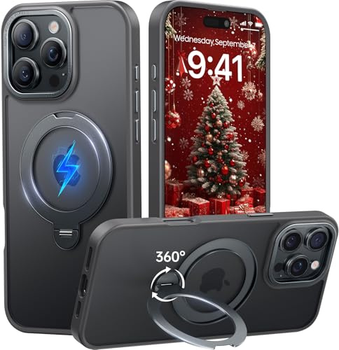 Peerock für iPhone 16 Pro Hülle mit 360°Drehbarem Unsichtbarem Magnet-Ständer, TOP Militärschutz & Magnetkraft Handyhülle für iPhone 16 Pro Case, Stoßfestes & Kratzfestes Mattgehäuse 6,3, Grau