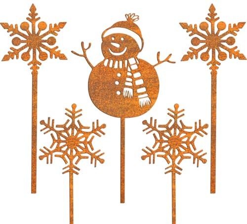 Forbabe 5 Stück Gartenstecker Weihnachten, Schneeflocke Schneemann Weihnachtsdeko Roststecker Metall Gartendeko, Rost Deko Baumstecker für Advent/Weihnachten/Garten/Terrasse/Balkon/Blumentopf