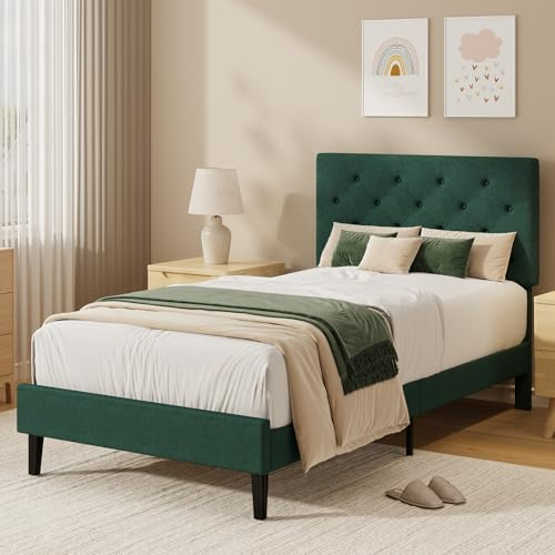HOMBCK Single Bed Frame with Headboard, 90 X 190, Green | Upholstered Bed Frame, Adjustable, Heavy Duty, Easy Assembly, No Box Spring Needed