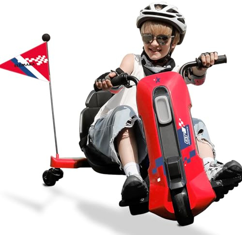 ELEMARA Electric Go Kart for Kids with Stepless Speed,12V Crazy Cart with Adjustable Seat,5 MPH Drift Cart with Pennant, Kids Ride On Toy with LED Lights,Music,Bluetooth,for Kid Age 6+, Red