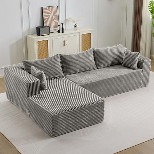 EINHOM Ecksofa L-Form Sofa mit 3 Kissen, Schlafsofa mit Schlaffunktion, Cord Modularesmit Couch, mit Armlehnen, Kombinierbares, Montagefrei, für Wohnzimmer, 279 x 179 x 82 cm (Grau)