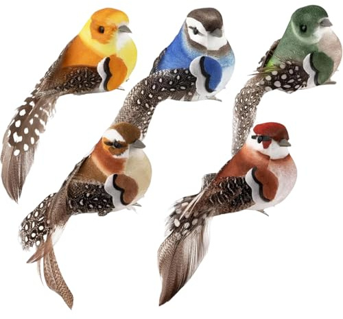 Yotlein 5 Stück Künstliche Vögel Deko, De-ko Vög-EL mit Clip, Mini Künstliche Vögel mit Clip, De-ko Vö-Gel mit Federn, Mini Vogel Dekofigur für Garten Frühling Deko Pa RTY Dekoration