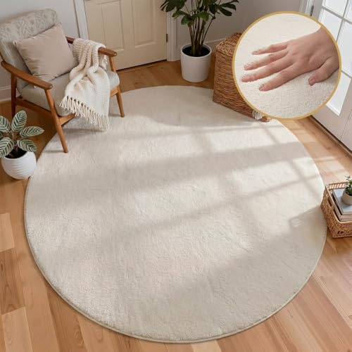 Homcomodar Runder Teppich Wohnzimmer 160cm Beige Teppich Schlafzimmer Kurzflor Anti-Rutsch Wohnzimmerteppich Flauschiger Teppiche für Schlafzimmer,Wohnzimmer,Esszimmer,Küchenteppich,Kinderzimmer