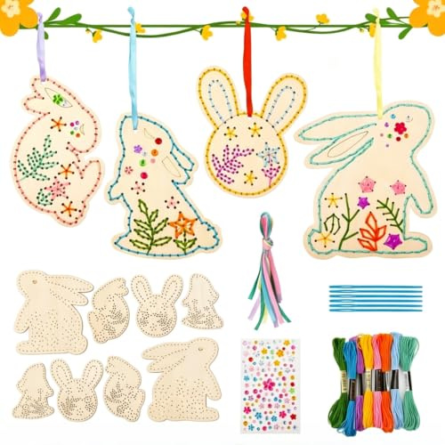 Joxessaien 8 Stück Hase zum Basteln, 4 Stile Ostern Kreuzstich Bastelset aus Holz, Osterdeko Selbst Basteln, Ostern Sticksets für Kinder, Ostergeschenke für Kin
