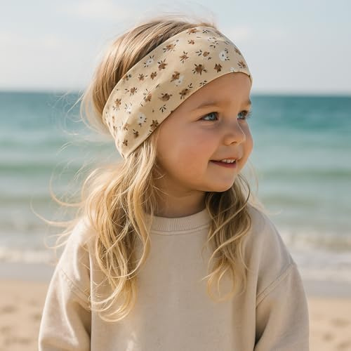 Wollhuhn ÖKO MINI Kinder Breites Elastisches Stirnband/Haarband Deutsche Herstellung Bequem Baumwolle (KU 48-52) (Miniblümchen Sand)