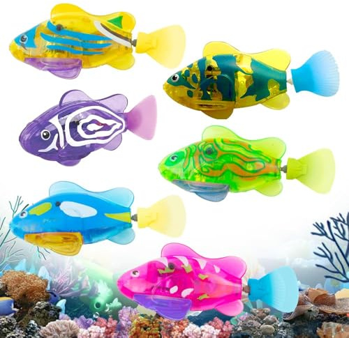 WDKXCN 6 Stück Robo Fish, Robo Fisch, Elektrische Fische mit Leuchtende, Roboter Fisch mit 2 Batterien, Robofisch Badewanne Spielzeug, Wiederverwendbare Schwimmende Fische für Haustiere