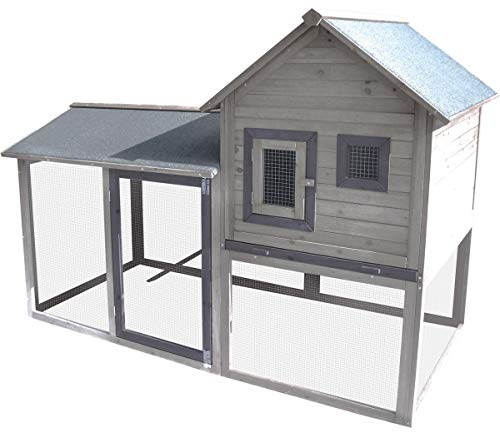 Flamingo Hühnerstall Calimero Cottage Grau – 197 cm L x 93 cm B x 143 cm H, Nachtkäfig mit Laufsteg und Angebautem Auslauf – Stark, Robust und Langlebig, Pure Verwöhnung für Ihre Hühner!