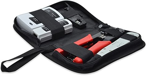 DIGITUS Kit de Herramientas de Red LAN - Comprobador de Redes - Alicates para prensar - Herramienta de Corte y desaislado - Herramienta de inserción LSA, negro, gris y rojo