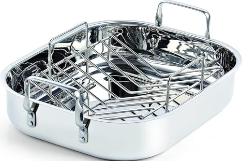 Cooks Standard Stainless Steel Roaster Pan with V-Shaped Rack, Inner 14-Inch x 11-Inch; Edge 15-Inch x 12-Inch; Turkey Roasting Pan Bakeware for Oven, Rectangular