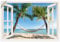 ARTland Wanddeko Wandtattoo selbstklebende Vinylfolie 130x90 cm Fensterblick Fenster Strand Karibik Meer Palmen Hängematte Südsee T4TQ